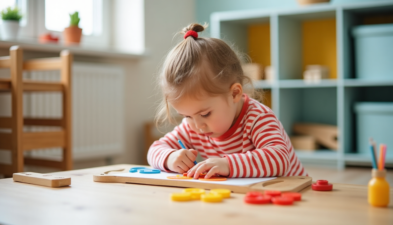Copii implicați în activități de învățare într-o grădiniță Montessori, cu materiale specifice și un educator ghidând.