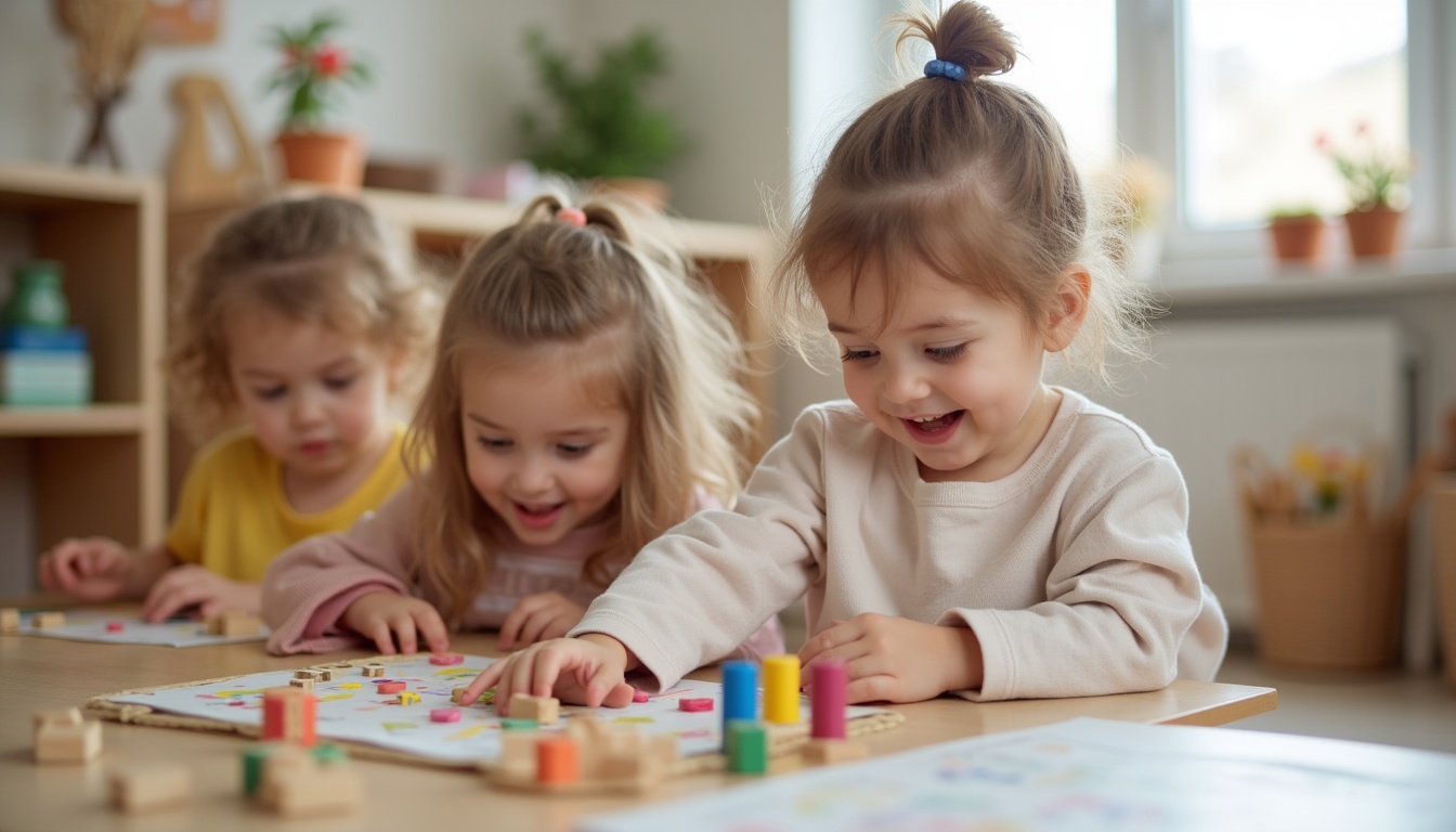 Copii explorând materiale didactice specifice într-o grădiniță Montessori, Brașov
